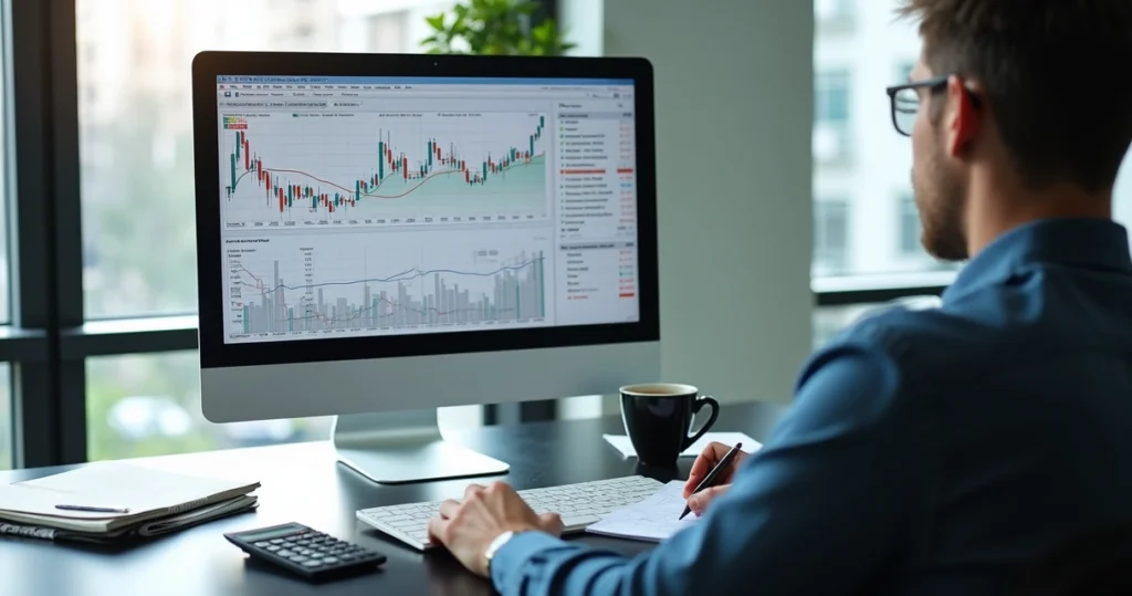 Computador exibindo gráficos financeiros e telas com investidor analisando ETFs em ambiente moderno e iluminado
