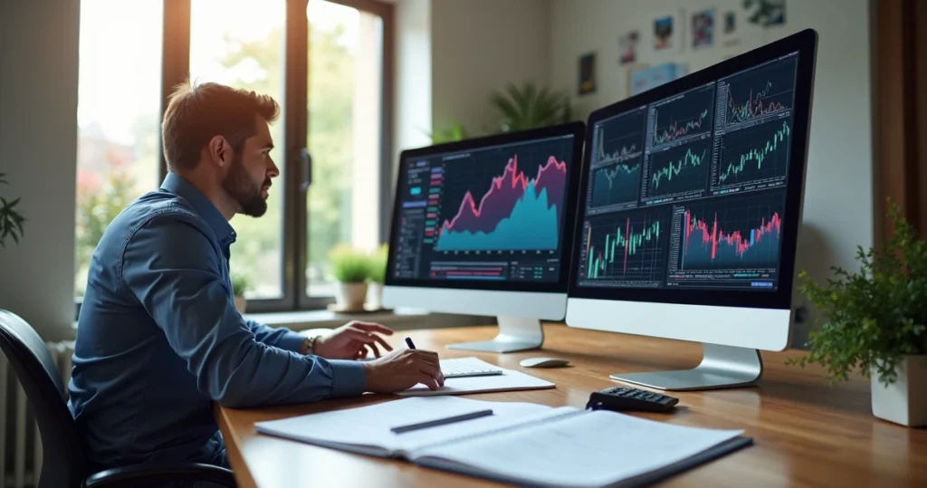 Pessoa analisando gráficos financeiros em tela de computador, com documentos e calculadora na mesa